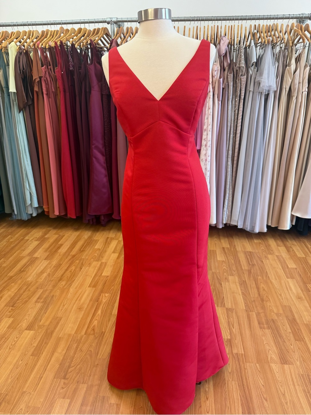 Amsale Lipstick Red Faille V-Neck Dress